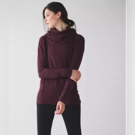 LULULEMON STRESS LESS HOODIE SIZE 10/12 HEATHERED BORDEAUX LONG SLEEVE PULLOVER