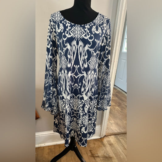 MSK 70s inspired navy and white bell sleeve midi dress size medium