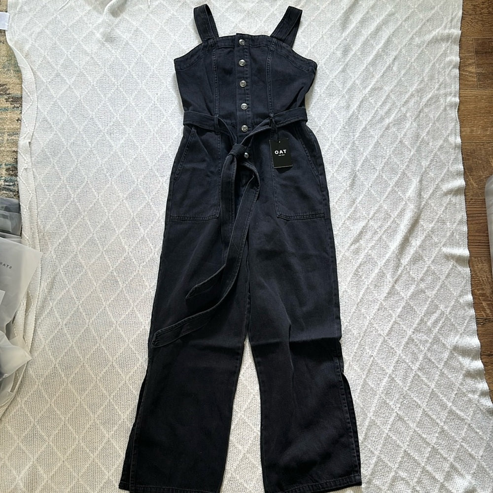 Oat New York Black Distressed Tie Waist Button Down wide leg Jumpsuit Size 0