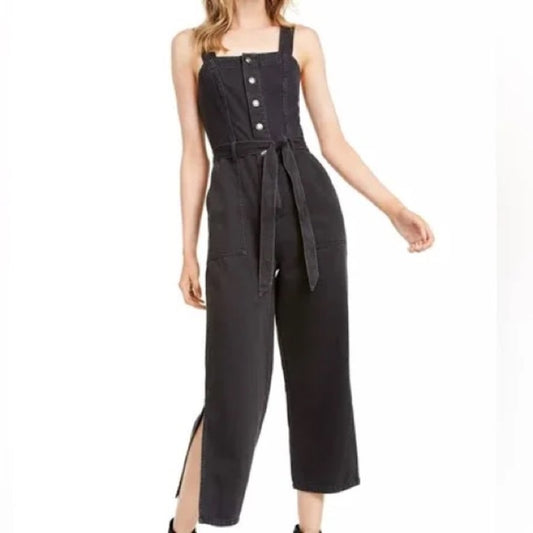 Oat New York Black Distressed Tie Waist Button Down wide leg Jumpsuit Size 0